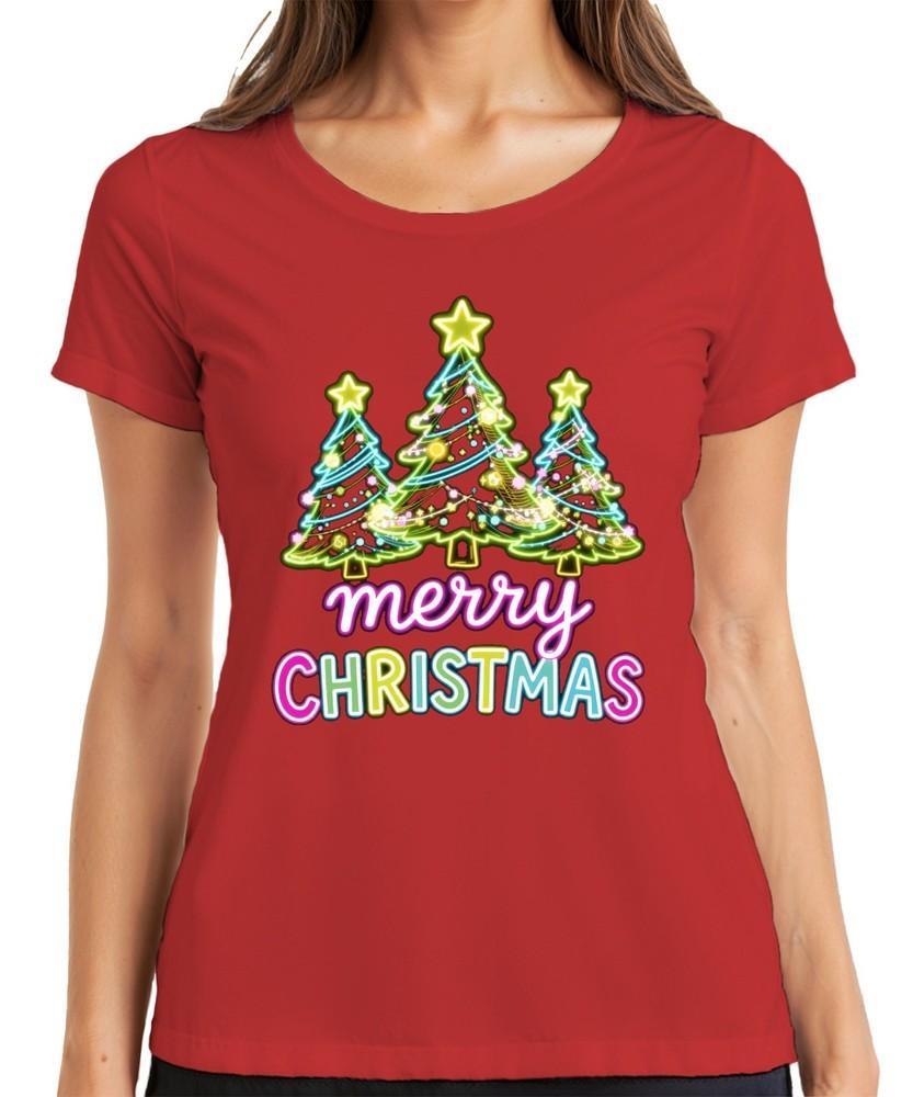 Merry Christmas Neon Christmas Trees Light Up Font Retro Gift Ladies TShirt