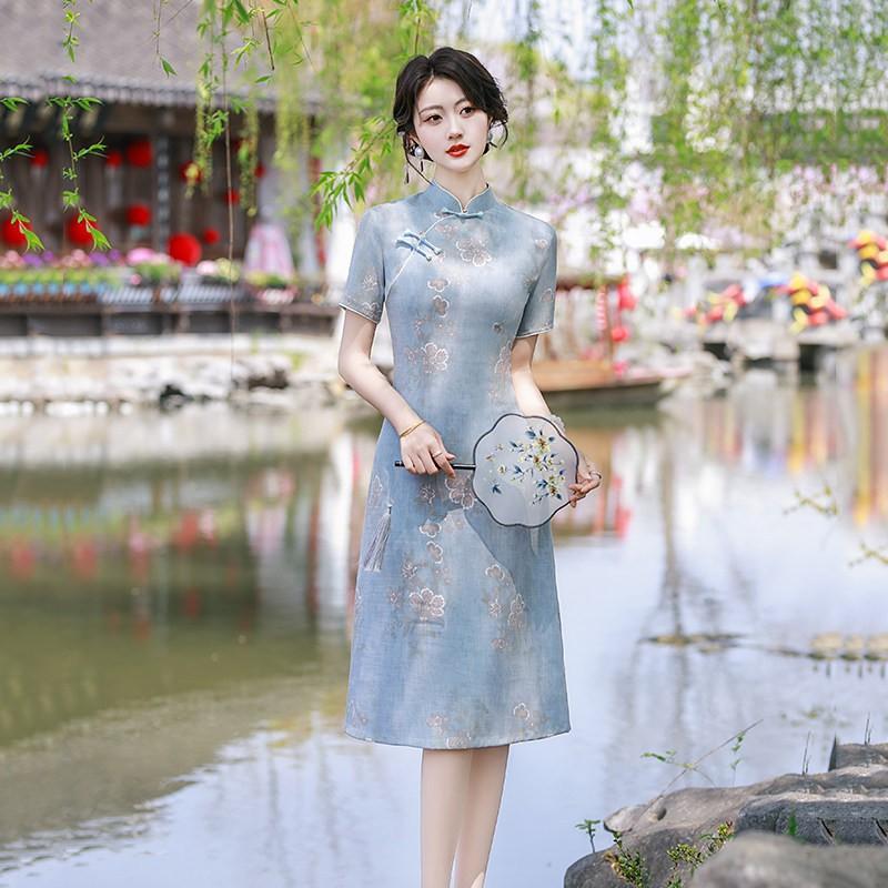 Elegant Modern Cheongsam Dress Women 2026 Stand Collar Three-Quarter Sleeve Lightweight Stretch Fabric