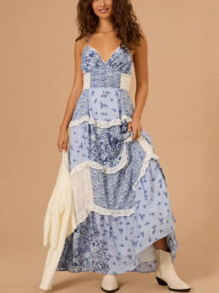 Women's Sleeveless Strappy Digital Printed Maxi Dress Patchwork Skirt