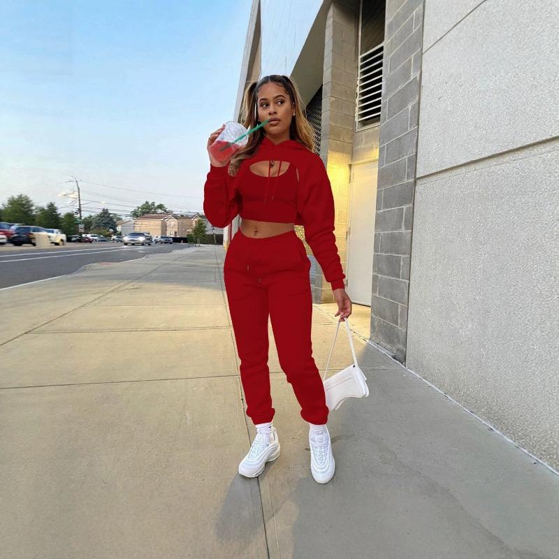 Fashion Women's Clothing Fleece Drawstring Solid Color Hooded Sweater Long Sleeve Drawstring Pants Three-piece Set