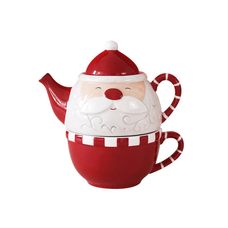 BRChristmas Ceramic Teapot  Tea Cup Set  European Embossment Ceramic Teacup Tea Pot Set Festival Decorative Tea Set  Holiday GiftEY