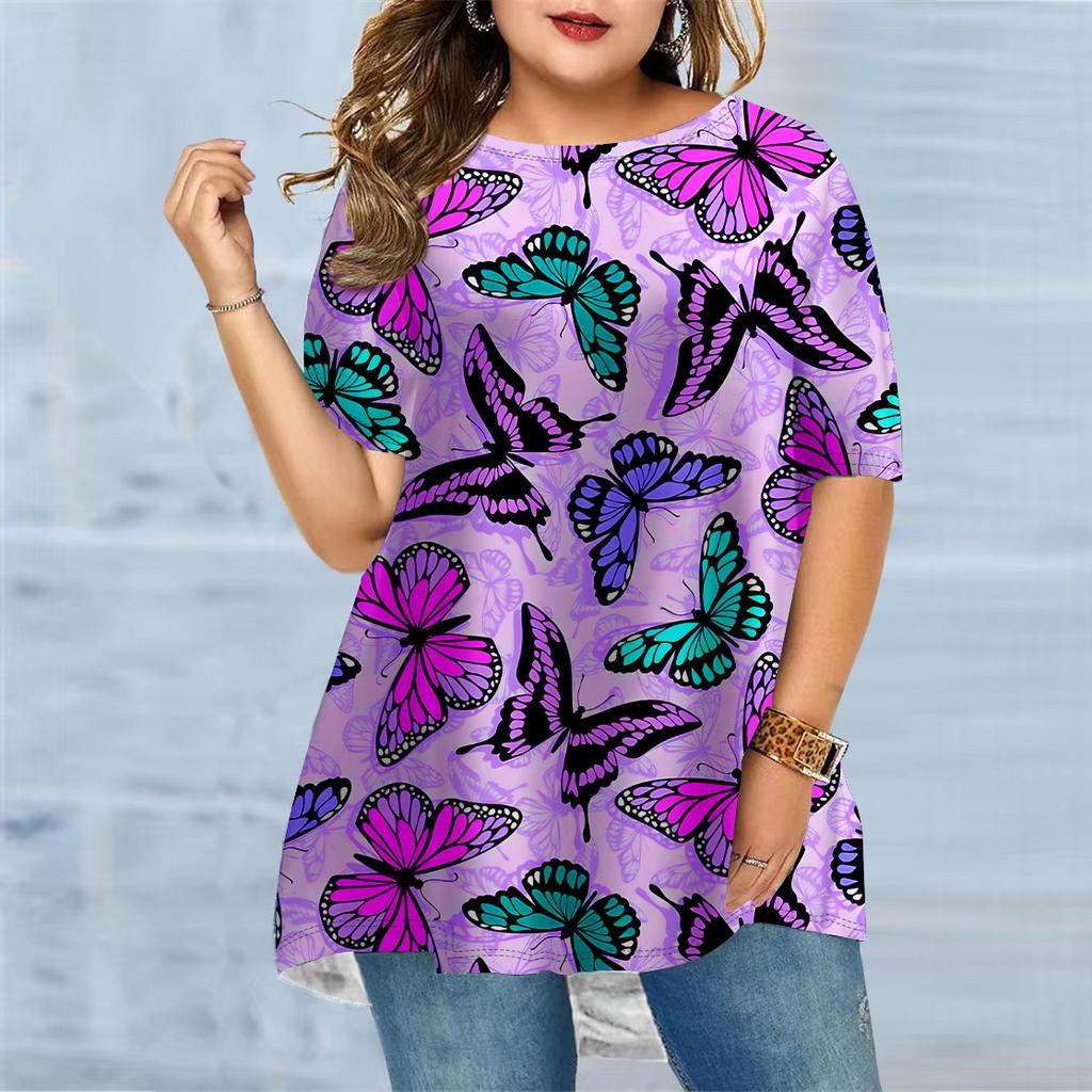 Plus Size Women's Summer Red Butterfly Print Comfortable Short Sleeved Round Neck T-shirt Casual Baggy Medium Length T-shirt