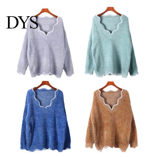 Stylish V-hem Sweater Women's Long Sleeve Loose Fit V-Neck Knitted Women Fashion Knitwear Lady Casual Jumper Pullover Top for Autumn Winter