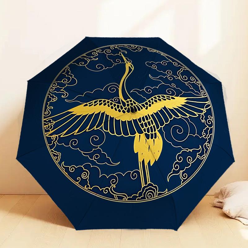 1 Stück Goldener Kranich Wolken Automatischer Faltregenschirm 8 Speichen Eisenrahmen, Geeignet für Reisen, Täglichen Gebrauch, Geburtstag, Geschenk für Frauen & Männer c1231091