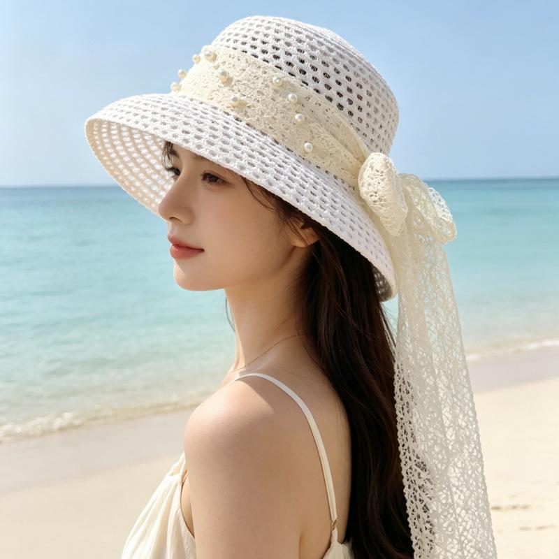 Pearl French Summer New Streamer Flat Top Sun Hat Sunscreen Straw Hat Breathable Bucket Hat Hepburn Hat Lace