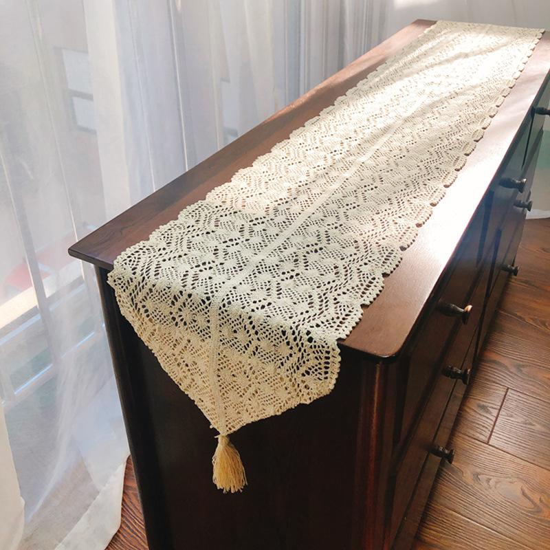 Boho Crochet Lace Polyester Table Runner with Tassels – Woven Rectangular Christmas Holiday Table Decor for Kitchen, Wedding, Dinner