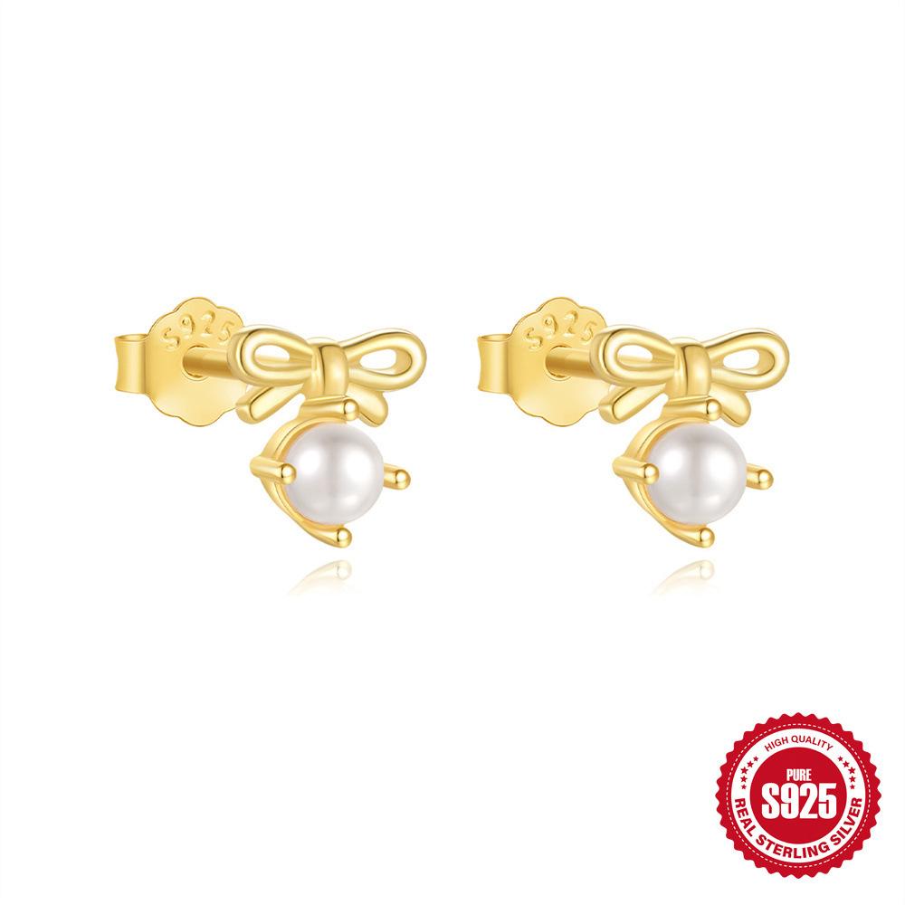 S925 Sterling Silver Compact Exquisite Design Stud Earrings Bow Pearl Ins Autumn Premium Atmosphere Earrings Women