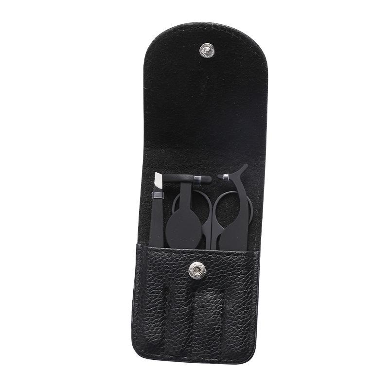 Beauty Tools 4-Piece Set: Stainless Steel Eyelash Curler, Eyebrow Tweezers, Scissors & Leather Case