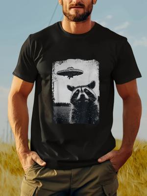 Black Men's Raccoon and UFO Printed Cotton Casual Round Neck T-shirt for Hiking Party Daily Comfortable Breathable Short Sleeve