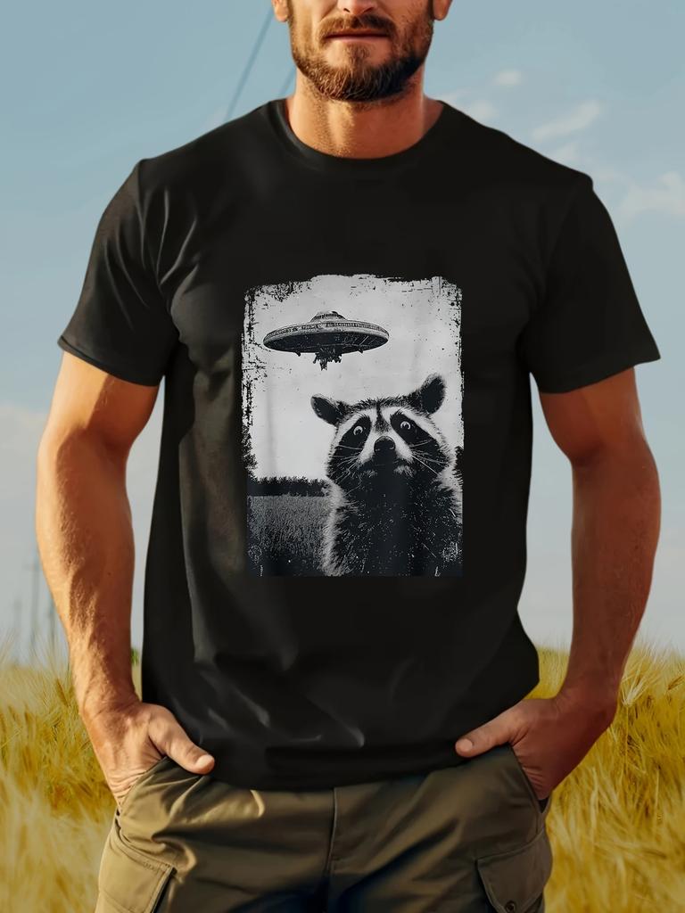 Black Men's Raccoon and UFO Printed Cotton Casual Round Neck T-shirt for Hiking Party Daily Comfortable Breathable Short Sleeve