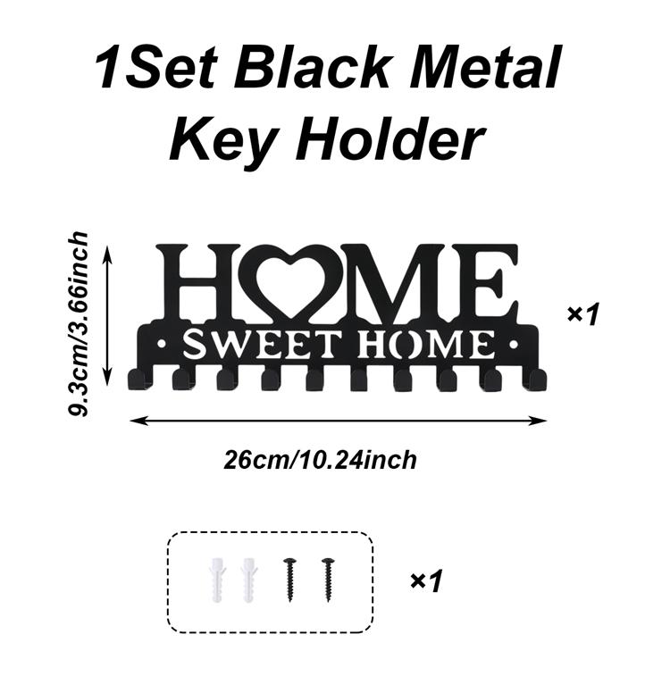 1PC Black Metal Key Holder Wall Mounted Key Holder Sweet Home Design Style Key Holder with 10 Hooks