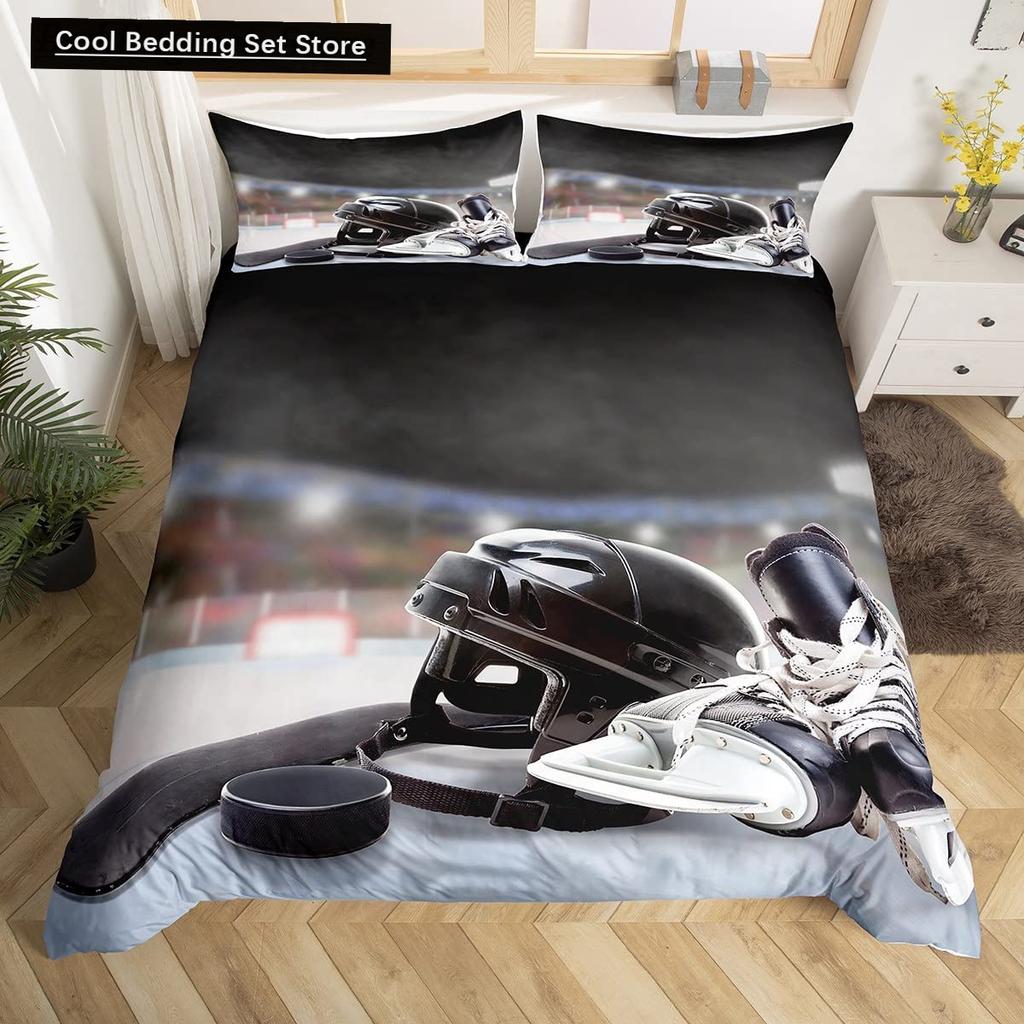 Comforter Ice Hockey Puck Hockey Player Winter Event Bedding Set Boys Sports Game Black Polyester Comforter