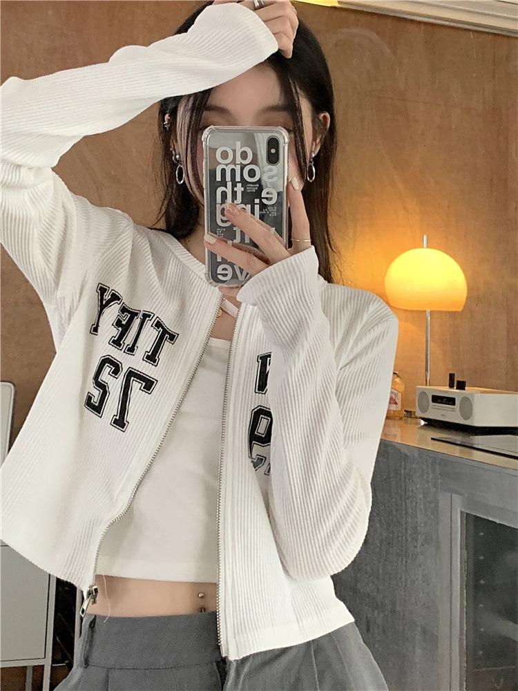 Women's Letter Print Zip-Up Cardigan: New Loose Slimming Long Sleeve Hot Girl Top