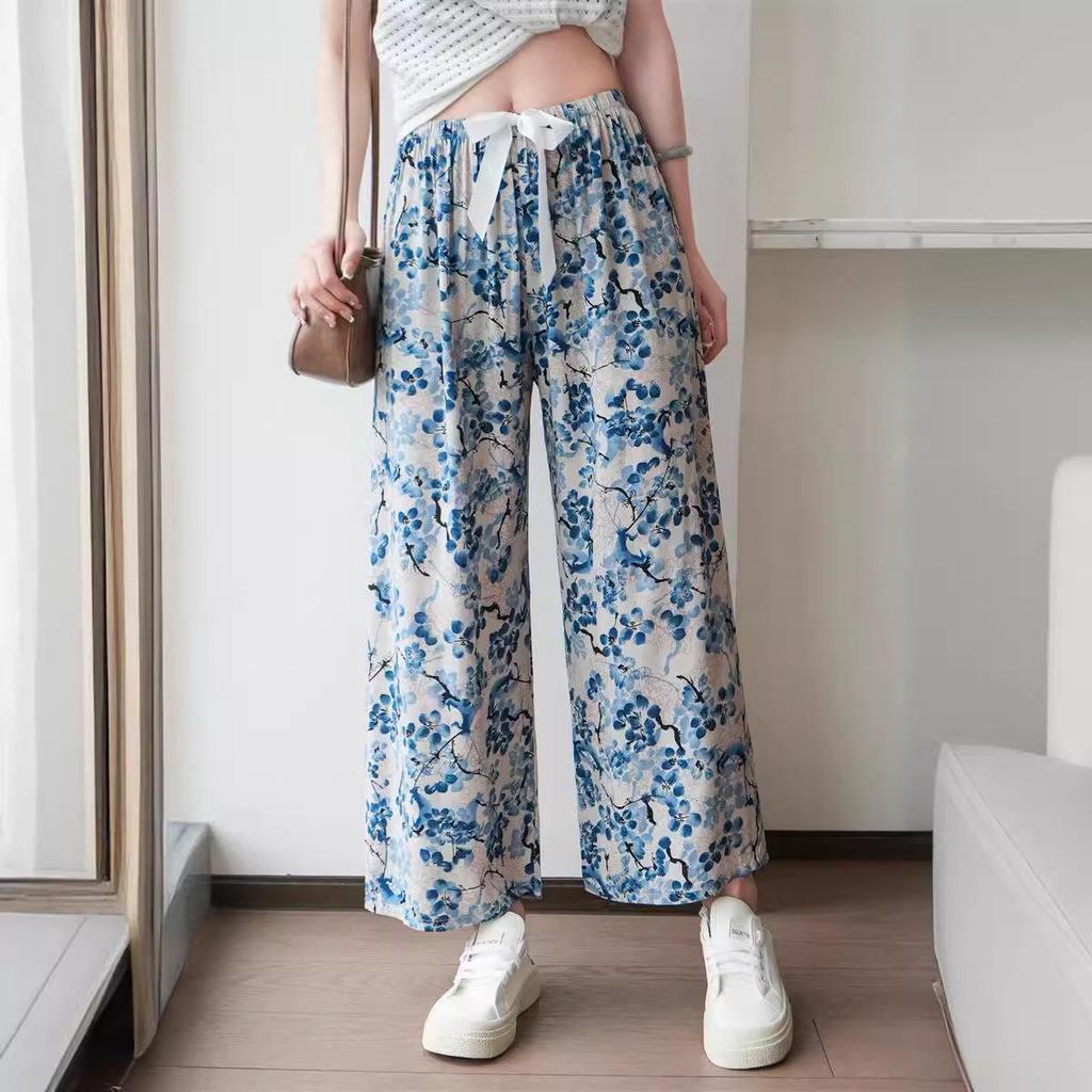 Dámské letní kalhoty květinové bavlny a viskózy nadměrné velikosti - Tenké, ležérní, dlouhé na spaní a plážové oblečení