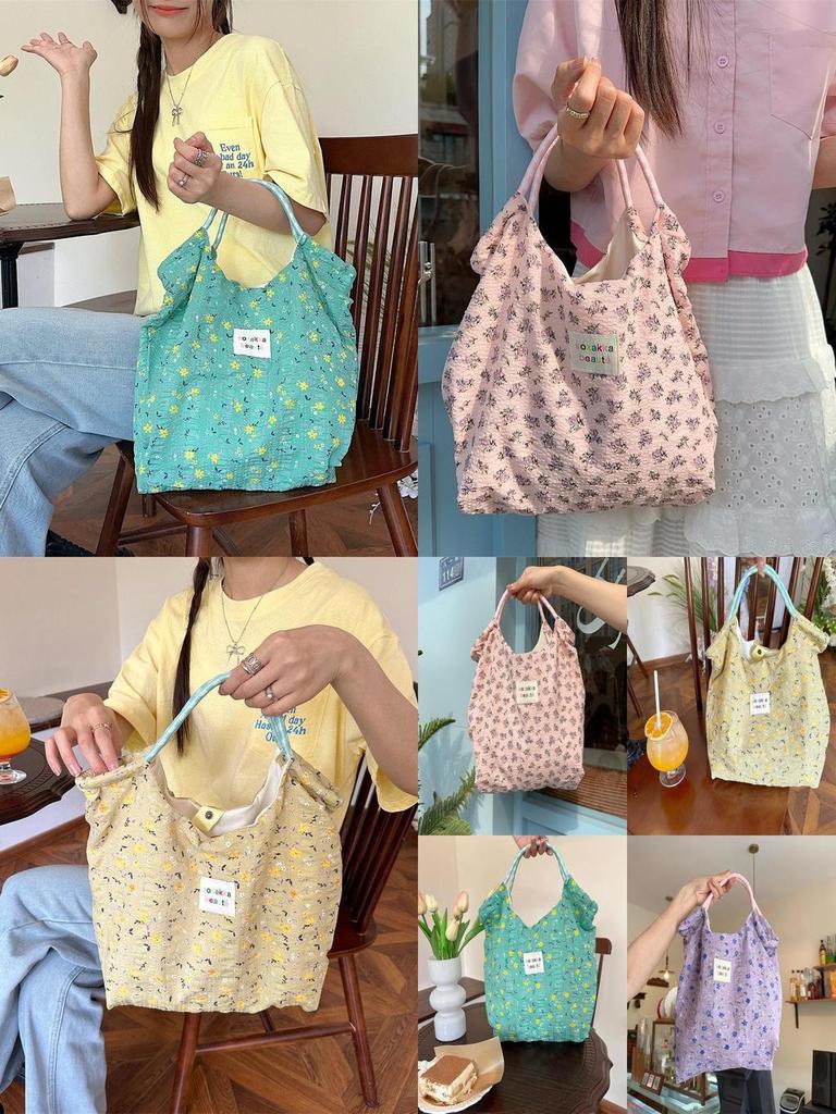 Stylish Korean Floral Print Canvas Tote Bag For Spring Summer With Large Capacity And Soft Design Ideal For Beach And Vacation Activities
