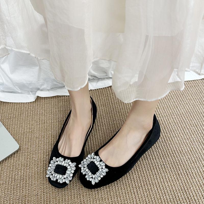 New Classic Elegant Rhinestone French Fashion Black Pointed Suede Water Diamond Shallow Mouth Flat Flat Casual Women's Shoes