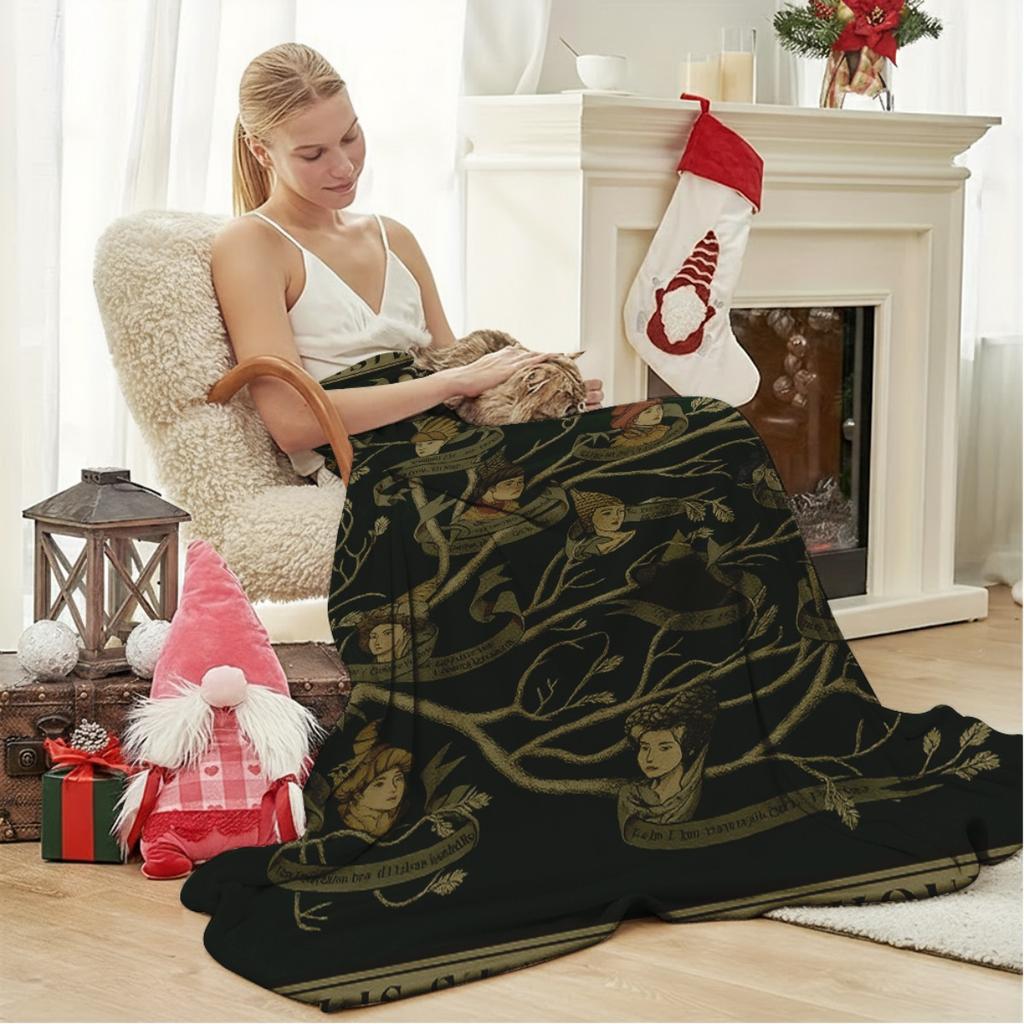 Black Family Tree Flannel Blanket, Soft Warm Printed Sofa Cover Mixed Colors, Elegant Home Decor Gift for Family History