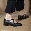 Retro Medium Thick Heel Women's Shoes Lightweight Mary Jane Shoes Cross Strap Square Toe Small Leather Shoes Shallow Mouth Casual Shoes