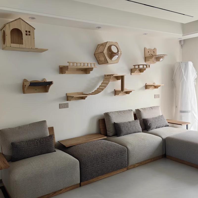 Indoor Wall-mounted Cat Paradise Cat Bridge Hammock Wooden Steps or Scratching Post For Cats To Rest and Play