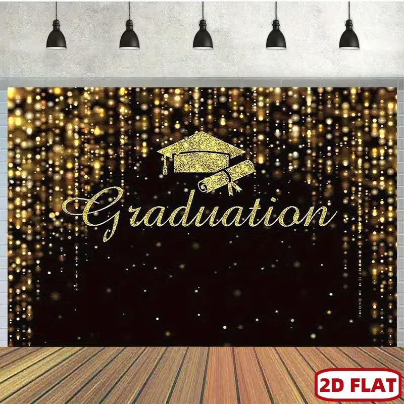 

2D Graduation Party Backdrop, Gold Glitter Cap and Diploma Background for Senior and College Photoshoot 47.2x31.5inch/120*80cm