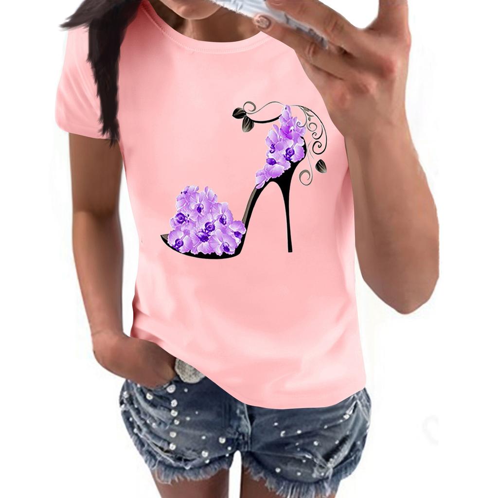 Women's Casual High Heels Floral Print Casual Short-sleeved T-shirt Pullover Round Neck Short-sleeved Top