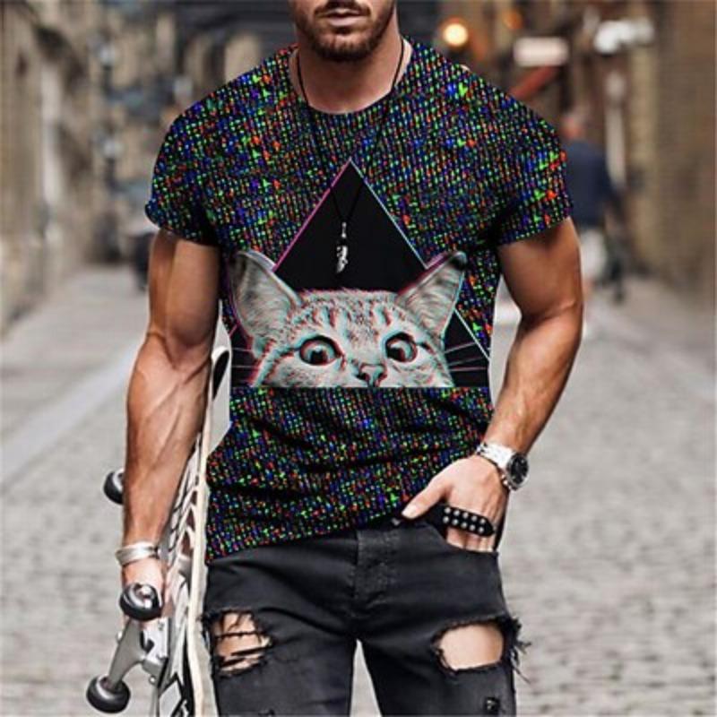 Men's Animal Cat T-shirt Funny T-shirt Short Sleeve T-shirt 3D Printed Captain Neck Shirt Designer Basic Slim Casual Daily