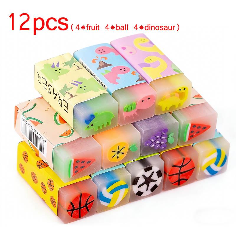 12pcs/set Cute Pencil Eraser Animal Dinosaur Ball Funny Fruit Eraser Desk Pet Eraser School Supplies Prizes Gifts Party Gifts
