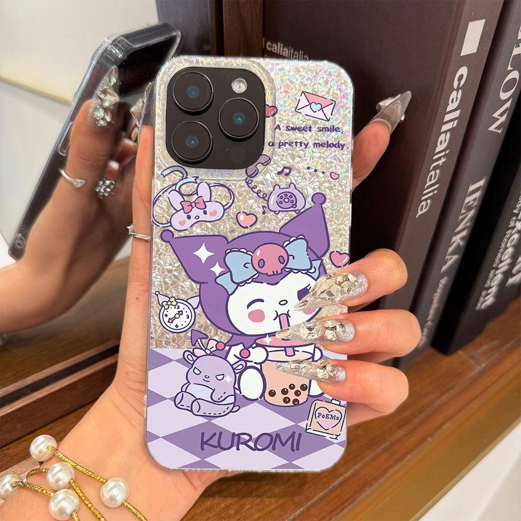 Case for iphone 11 16 Plus XS Max 17 Pro 15 Air 13 18 Pro Max XR 12 14 Kuromi Drinking Milk Tea Sparkle Crackle Foil Acrylic TPU Phone Case