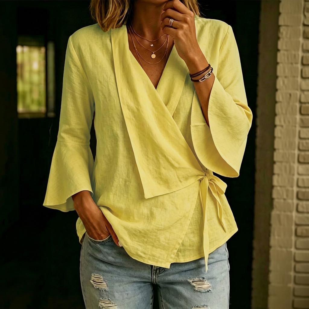 Damen Bluse mit Glockenärmeln, V-Ausschnitt, Bindung vorne und asymmetrischem Saum, Lässiges Baumwoll-Leinen Top