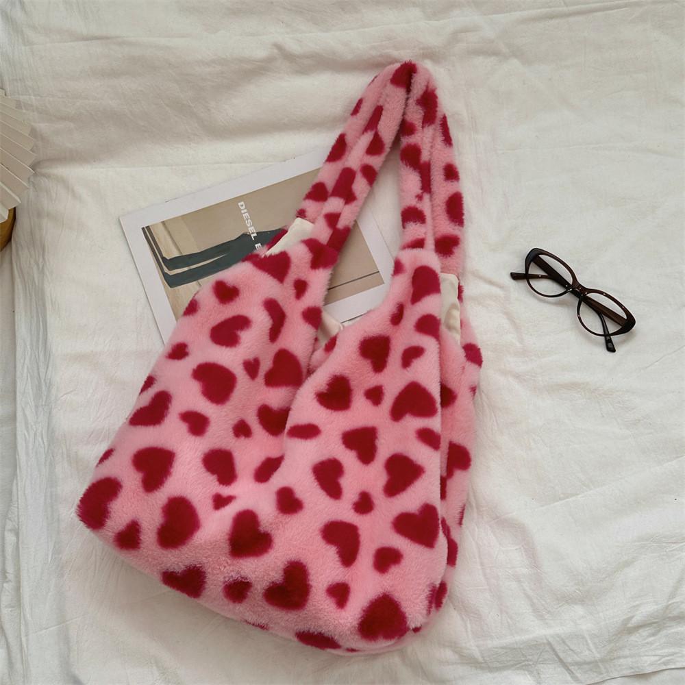 Chic And Cozy Heart Print Plush Tote Bag With Dual Straps For Casual Outings