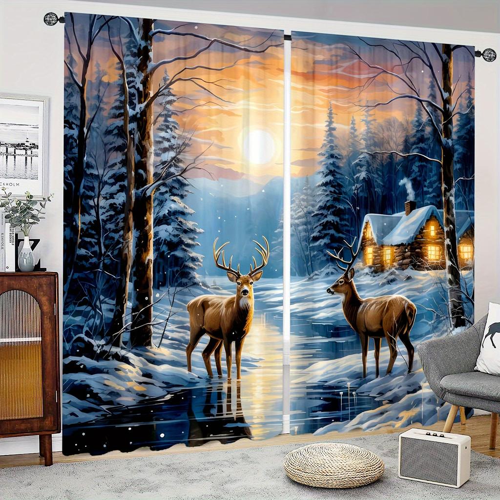 Elk Curtain Symbol Fortune Lucky Digital Print 3D Curtain Living Room Window Kitchen Curtain Bathroom Curtain Grommet Top 2PCS