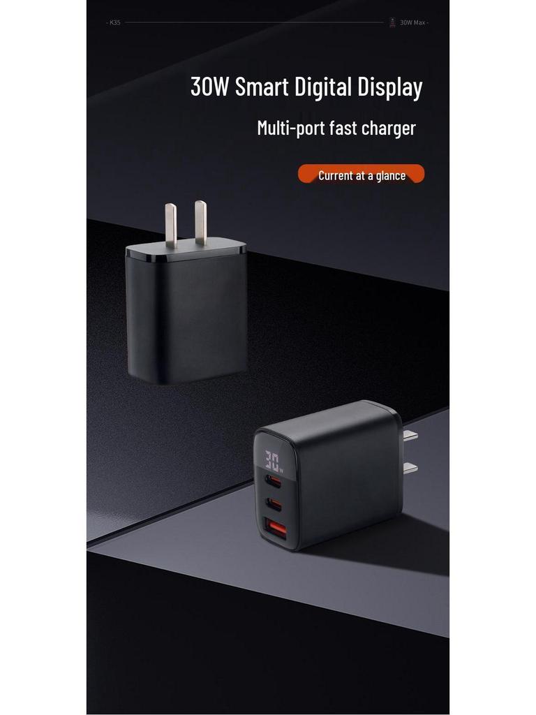 30W Triple-Port Fast Charger with Digital Display for Apple 15 Pro - Dual USB-C and USB Ports