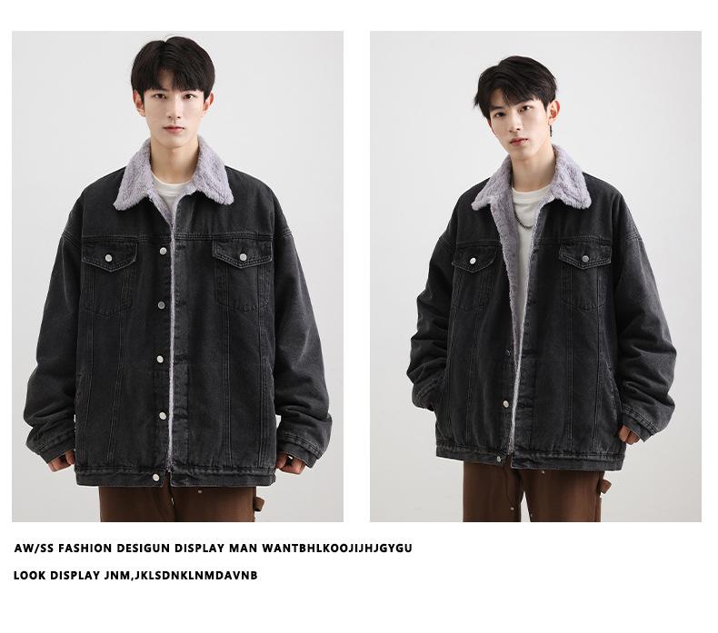 2025 Men's Autumn/Winter Denim Jacket with Faux Rabbit Fur Collar, Cotton Texture, Fleece-Lined, Washed Finish.