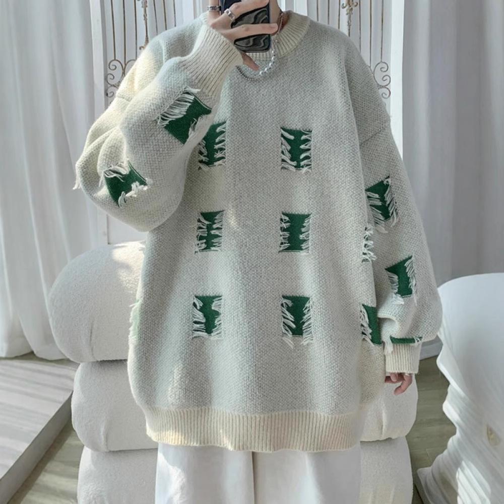 Autumn Winter New Style Distressed Sweater For Men American Streetwear Trendy Casual Loose Design Versatile Crew Neck Knitwear