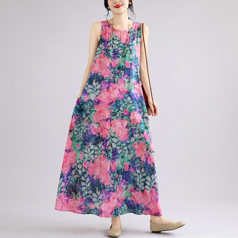 Sleeveless Plus Size Cotton Vintage Floral New In Dresses for Women Casual Loose Long Summer Dress