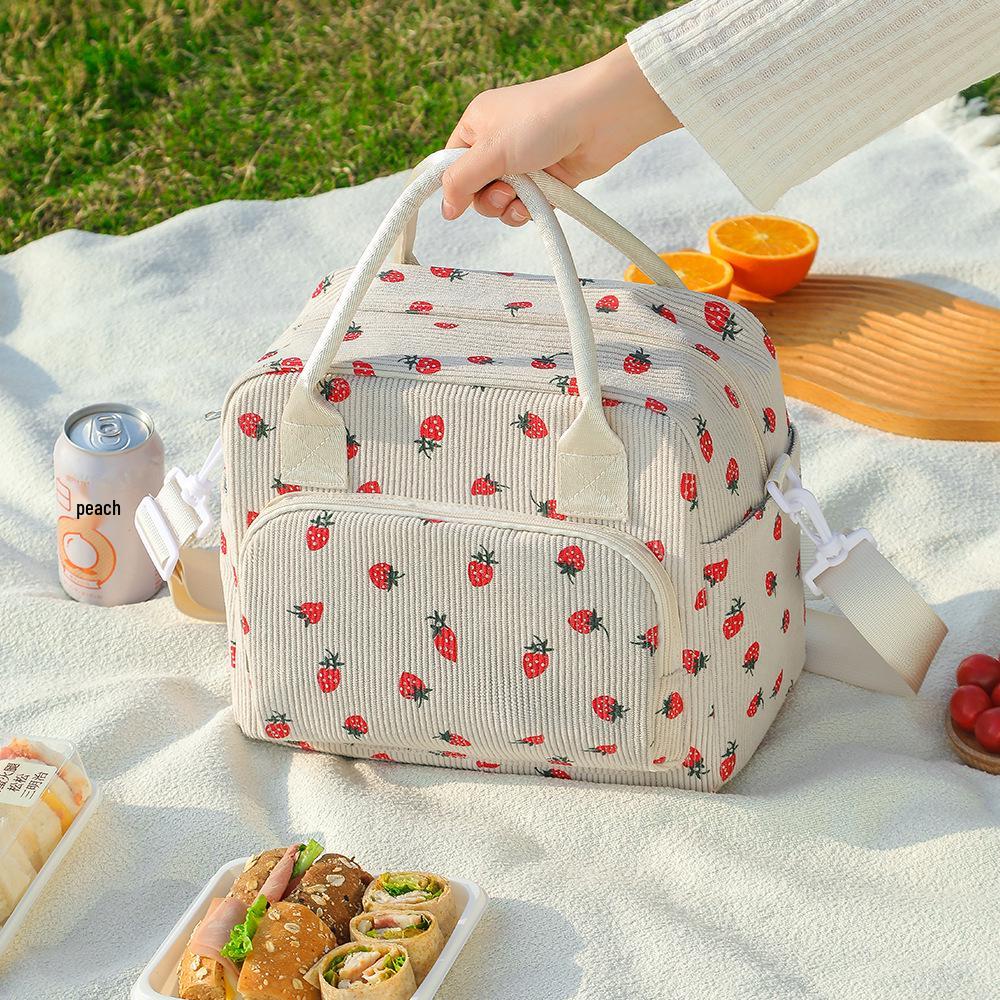 Corduroy Insulated Bento Lunch Bag for Office Workers - Stylish Handheld Design.