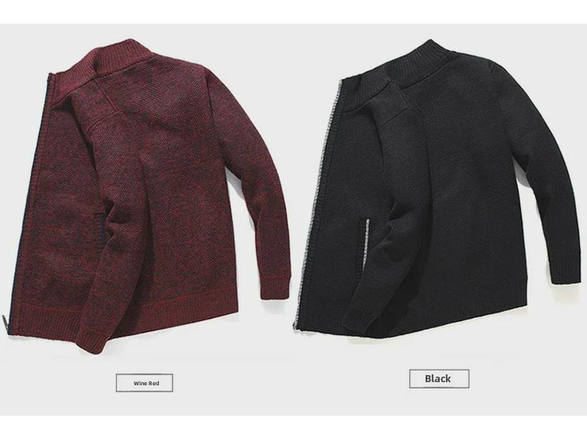 Men's Autumn/Winter Plus Velvet Zipper Knitted Cardigan Jacket with Stand Collar and Solid Color