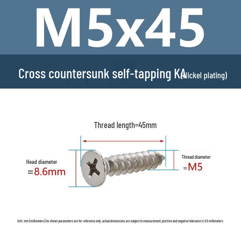 YiguYigu Nickel-Plated Phillips Flat Head Self-Tapping Screws M1-M5, Carbon Steel