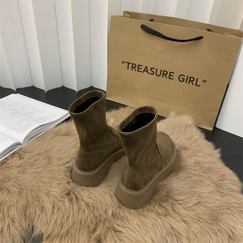 Schwarzfarbene Martin-Stiefel mit dicker Sohle und Nischendesign, Damenschuhe 2025 Herbst und Winter, neue Samt-Elastik-Wildleder-Kurzstiefel