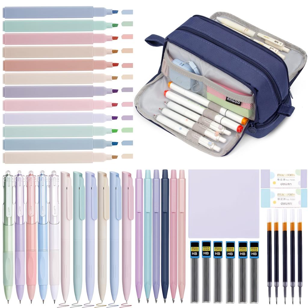 44 pieces of elegant stationery, including a large-capacity pencil case, 12 highlighters, 11 gel pens, and 6 fountain pens.