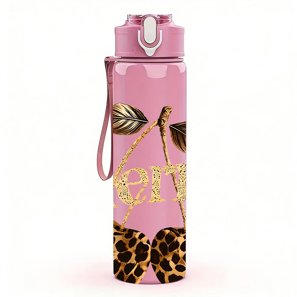 1PC Leopard Cherry Gold Letter Graphic,750ml Color Plastic Sports Water Bottle,Leakproof Flip Straw Lid,Suitable for Sports Office Home Use