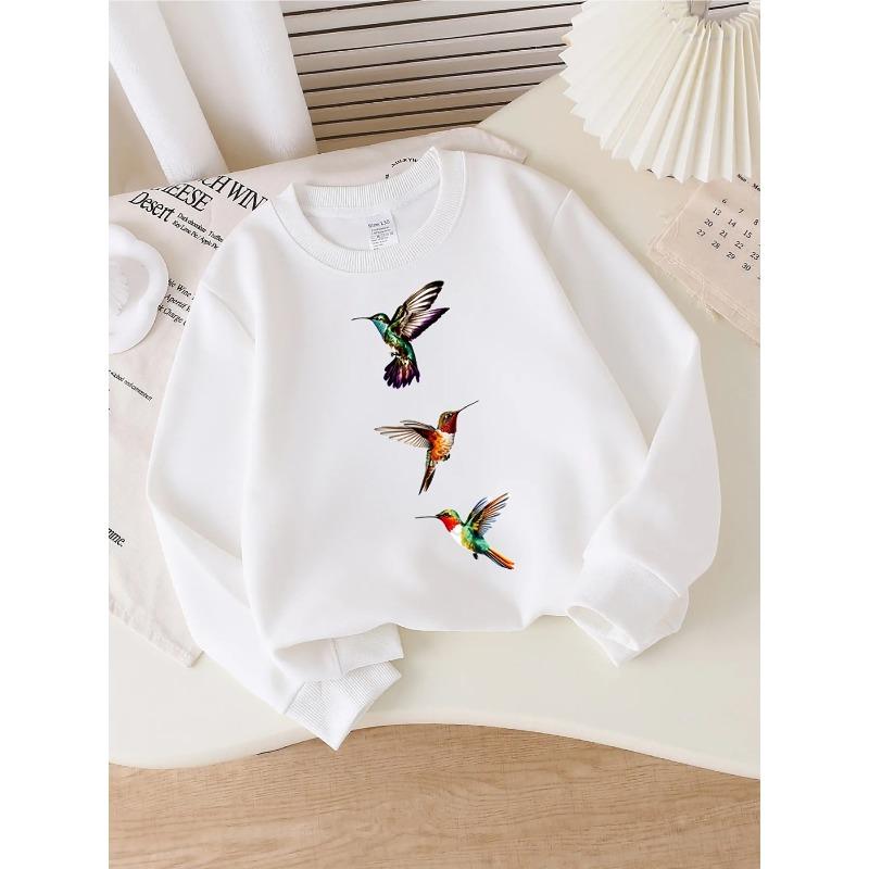 Kids Unisex Crewneck Sweatshirt, Three Colorful Hummingbirds Vertical Print Soft Fleece Pullover For Kids Over 4 Years Old