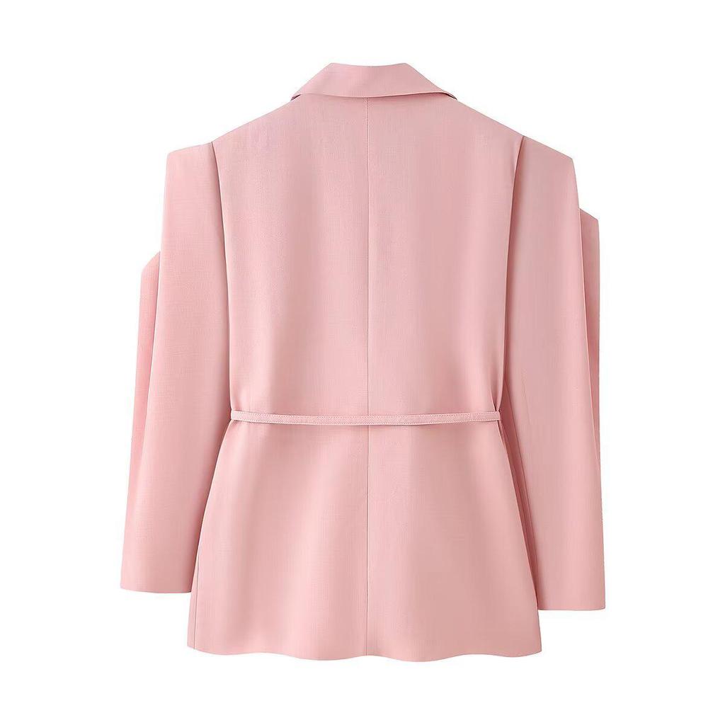 Women's Fashion Padded Shoulder Suit Jacket with Tie-Waist