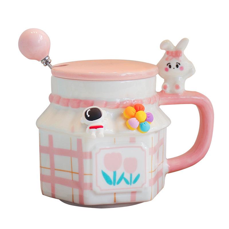 Kaninchen-Keramiktasse mit Deckellöffel, süße Tasse für Mädchen, hochwertiges Aussehen, Frühstück, Schlafsaal, Getränk, Paartasse, Geschenk, Heimdekoration