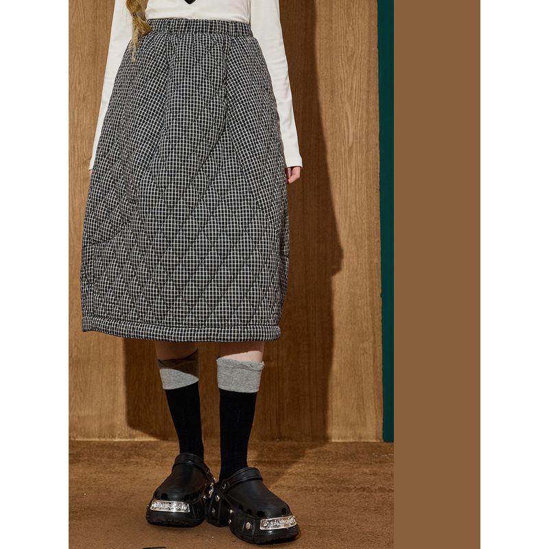 Coolhut Retro Plaid Skirt Mid-Length Skirt Versatile High-Waisted Thickened Loose Winter New Long Skirt for Women
