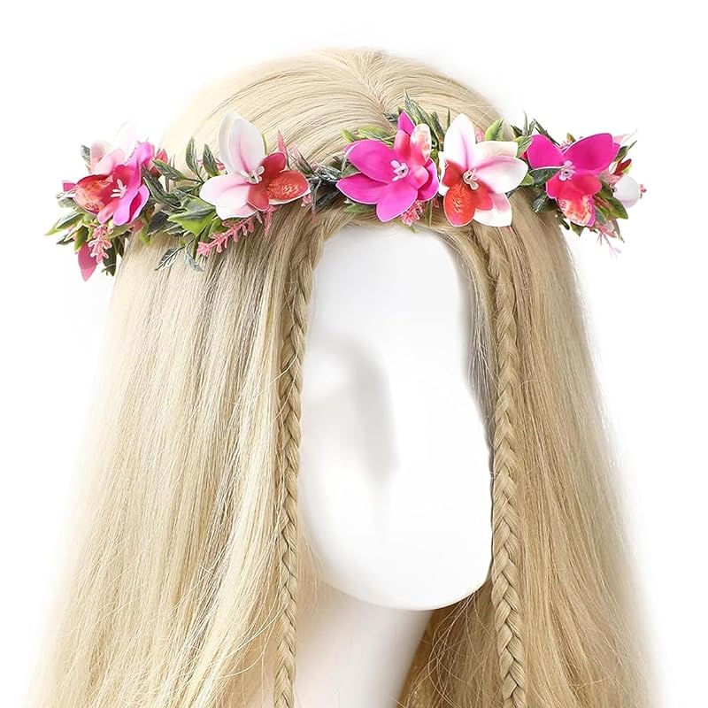 Розовая цветочная корона-ободок - Тропическая цветочная повязка на голову Регулируемый цветочный головной убор Корона феи Гавайская корона Свадебная Декорация для подружки невесты Беременность розовый