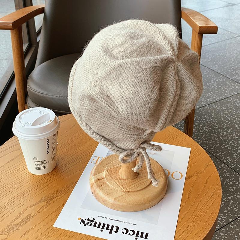 Pullover hat Girls drawstring curling lazy wind stacking hat Baotou hat solid color knitted hat