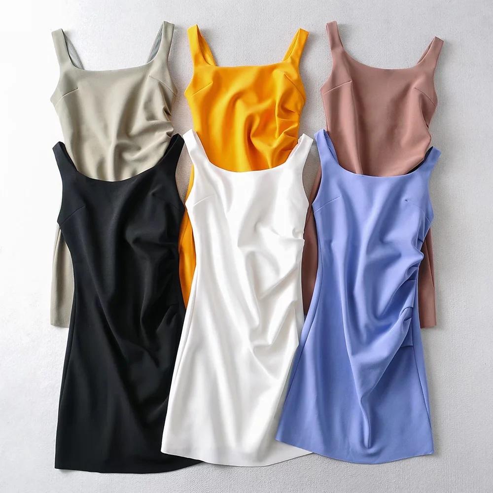 2025 Side Pleated Vest Dress, European And American Style Women'S New Solid Color Tight Strap Dress
