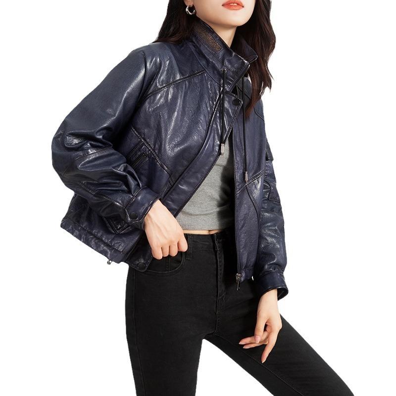 

Осень и зима, новый стиль, натуральная вощеная овчина, кожаная куртка, женская, короткая, корейский стиль, свободная, повседневная, с капюшоном, модная M