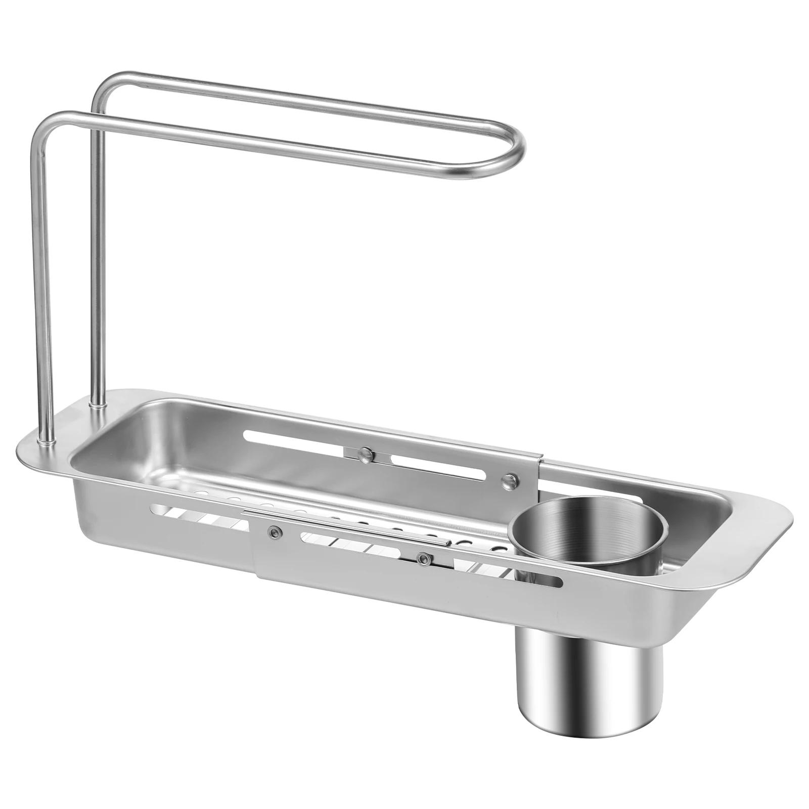 

Telescopic Sink Drain Rack Soap Sponge Holder Stainless Steel Storage Basket with Towel Hanger and Filter Bucket Kitchen Gadgets серебряный